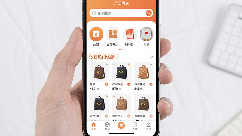һ���ֻ���Ļչʾ��ѡ��App��ҳ���棬������������Ŀ���м��Ƿ���ͼ��ͽ��������Ż���Ʒ�б����ײ�������������������ů��ɫ�Ͱ�ɫΪ��ɫ����������ִ������������ɾ����޶���Ԫ��