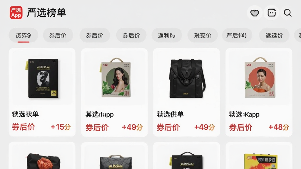 ��ѡ��App����ѡ��ҳ�棬�����ǩ�������У��·�����Ʒ��Ƭ�б���ÿ�ſ�Ƭ������Ʒͼ�����ơ�ȯ��ۺͷ������Ű����룬����Ϊǳ��ɫ�����ʸɾ��޶���Ԫ��