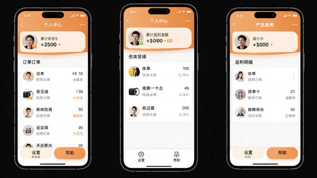 �ֻ�չʾ��ѡ��App�ĸ�������ҳ�棬�������û�ͷ����ۼƷ������м��Ƕ����б��ͷ�����ϸ��ڣ��ײ������úͰ���ѡ�����ɾ���ůɫ������������