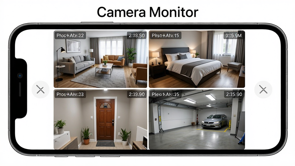 һ��չʾCamera Monitor��·ʵʱ��ع��ܵ�AI��ͼ���������ֻ���Ļ����Ļ�����Ĺ�����ʽ��ʾ�ĸ���ͬ�ļ�ػ��棬�ֱ��ǿ��������ҡ��ſںͳ��⣬�������룬�Ű�Ϊ2x2���񣬷�����ִ���ϸ����ÿ�����涼�������ı�ǩ��ʱ��������ʸ���ɾ����޶���Ԫ�أ�ͼƬ�д������֡�Camera Monitor����