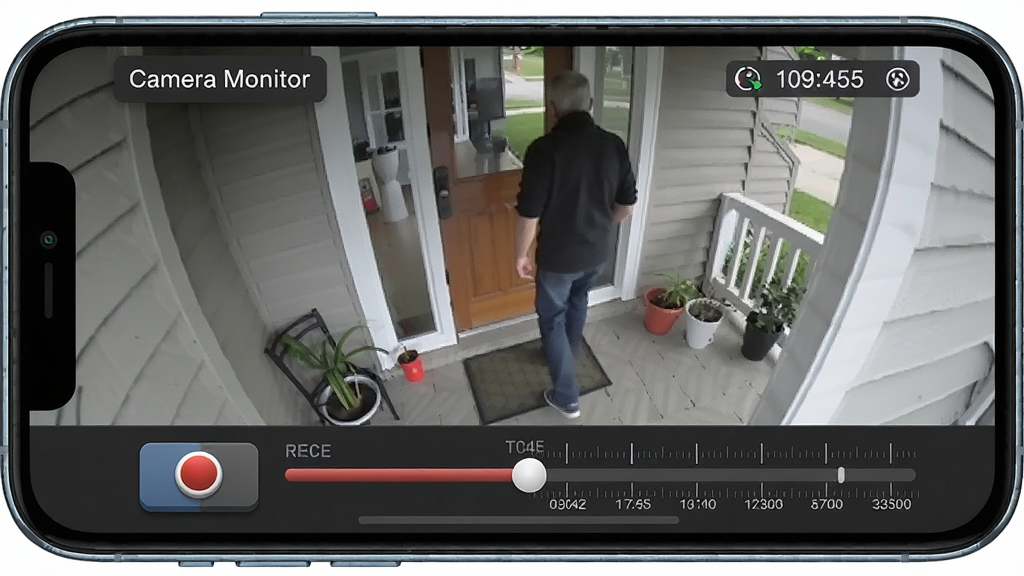 һ��չʾCamera MonitorԶ�̻ط���¼�ƹ��ܵ�AI��ͼ���������ֻ���Ļ����Ļ����ʾ�ż�ػطŽ��棬�ײ���¼�ư�ť��ʱ��������������������ڲ���һ���ſ����˾�����¼�񣬲����������Ű����������ִ���ƽ����ϸ���ϰ�ť������У�ʱ����̶Ⱦ�ϸ�����ʸ���ɾ����޶���Ԫ�أ�ͼƬ�д������֡�Camera Monitor����