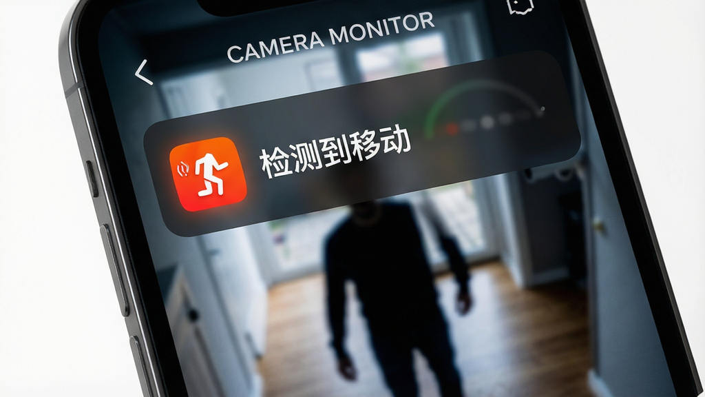 һ��չʾCamera Monitor�ƶ���ⱨ�����ܵ�AI��ͼ���������ֻ���Ļ����Ļ�ϵ���һ������֪ͨ��֪ͨ������ʾ����⵽�ƶ����������Ǽ�ػ�������һ����Ӱ����������Ϊ֪ͨ��������Ļ�Ϸ����Ű��࣬����ִ���ϸ����֪ͨͼ����Ŀ������ɫ�ʶԱ����ԣ����ʸ���ɾ����޶���Ԫ�أ�ͼƬ�д������֡�Camera Monitor����
