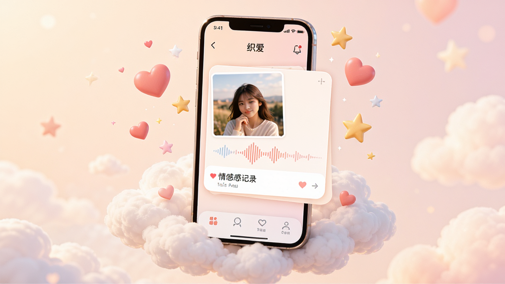 һ��չʾ��֯����App��¼���ܵ�ʾ��ͼ��������һ���ֻ���Ļ�������ƶ��ϣ���Ļ����ʾһ��������Ƭ���������κ����ֵ���м�¼��Ƭ����Χ�а��ĺ����ǵ�׺�����־��У��Ű�������£�����λ���ܰ��ϸ�ھ��£����ʸɾ��޶���Ԫ�ء�