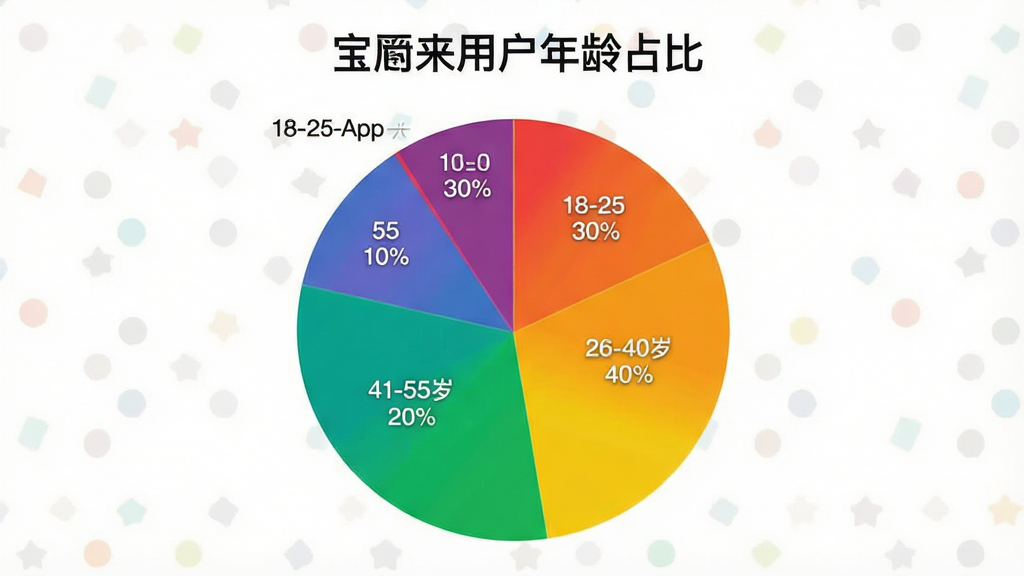 һ��չʾ������App�û�����ֲ��ı�״ͼ��ͼ������Ϊ���������û�����ռ�ȡ�����Ϊ�ĸ���������18-25��ռ30%��26-40��ռ40%��41-55��ռ20%��55������ռ10%����ɫʹ�ñ���������Ĳʺ�ɫϵ��ͼ��������ִ��������ɾ����޶���Ԫ��