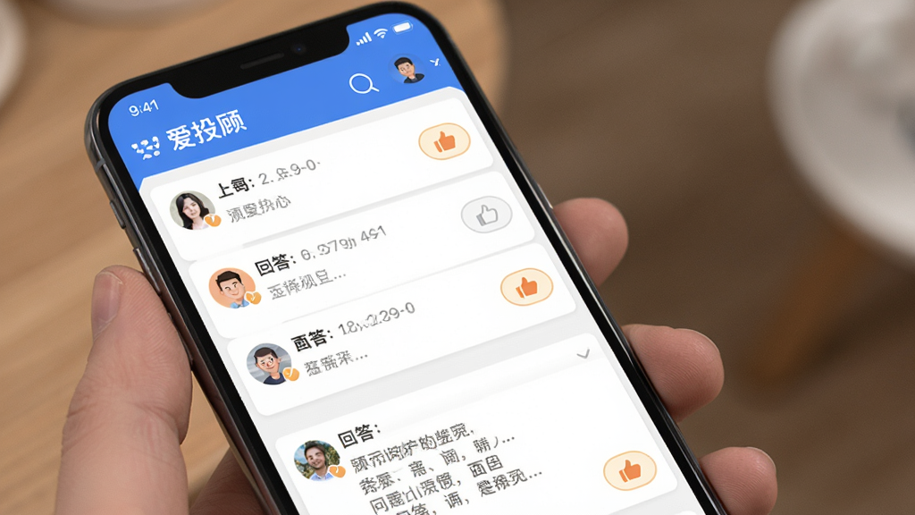 �ֻ���Ļչʾ�ʴ��������棬�����ǡ���Ͷ�ˡ�Ӧ�õĻ����ʴ�ҳ�棬����Ϊ�����б��ͻش�Ƭ���Ű��罻��������Ѻ����У�ϸ�ڰ����û�ͷ�񡢵��ް�ť���ش����֣����ʸ���ɾ��޶���Ԫ��
