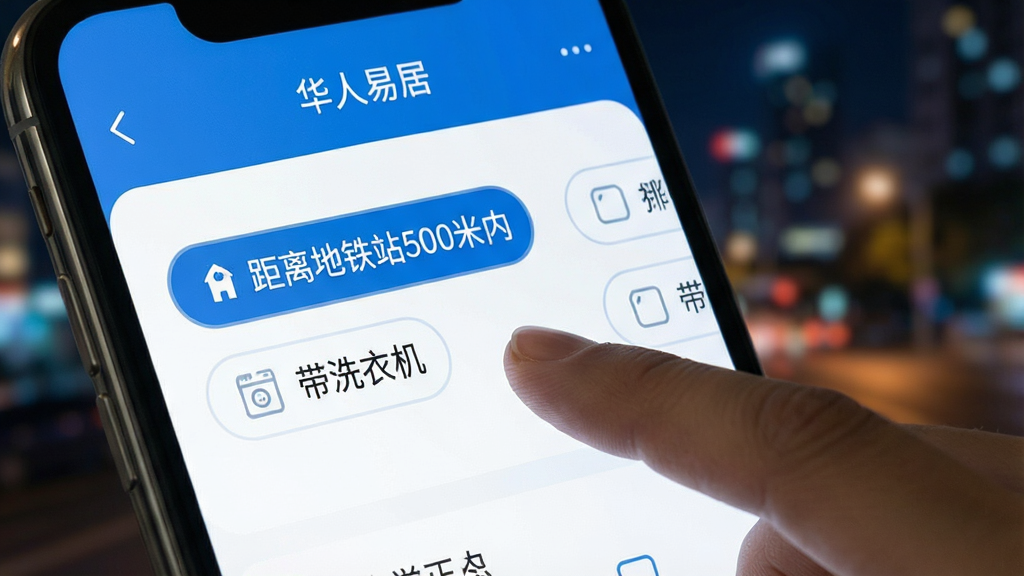 一张展示“华人易居”App房源筛选界面的图片,手机屏幕特写,手指正在点击“距离地铁站500米内”和“带洗衣机”的筛选标签,界面以蓝色和白色为主色调,标签清晰,布局整齐,背景是模糊的城市夜景灯光,风格简约科技感,画质干净,无多余元素。