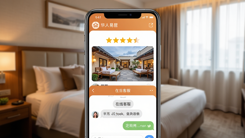 一张展示“华人易居”App用户评价与客服界面的图片,手机屏幕特写,屏幕上半部分显示用户对民宿的五星好评和实拍图,下半部分显示在线客服对话框,界面以暖色调为主,给人温馨可靠的感觉,背景是舒适的酒店房间一角,风格真实生活化,画质清晰,无多余元素。