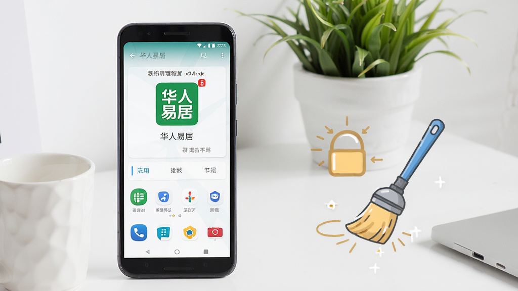 一张展示手机清理后台程序和使用“华人易居”App的图片,画面中一部安卓手机屏幕显示“华人易居”运行流畅,旁边有一个清理后台的示意图,界面清晰,风格简洁,背景是书桌一角,有绿植点缀,画质干净,无多余元素。