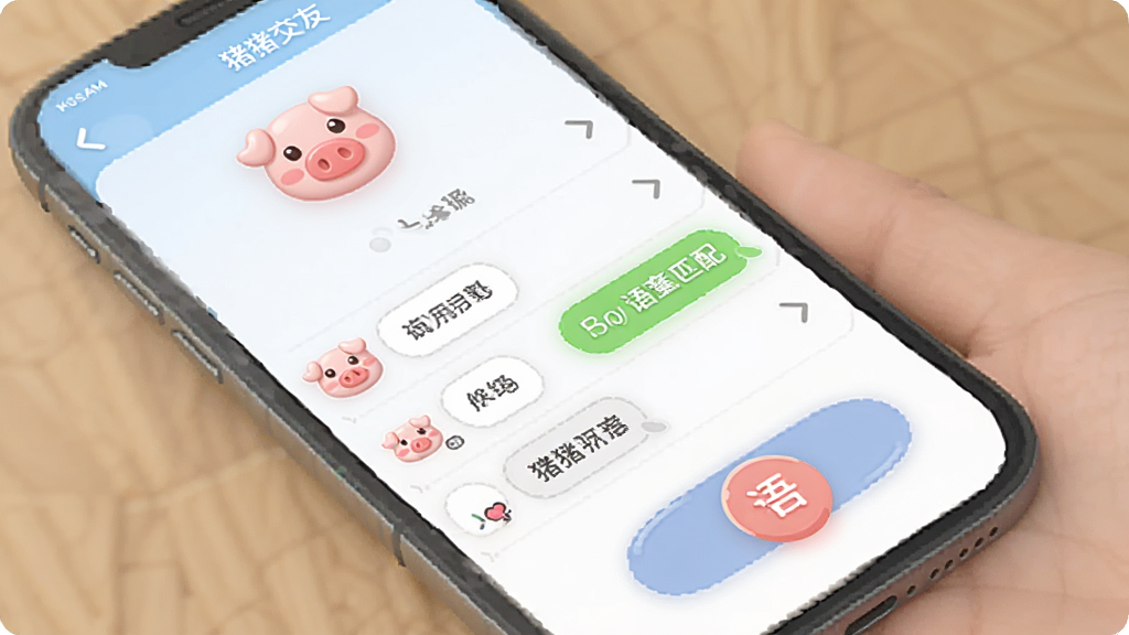 猪猪交友 手机界面 展示 语音交友 功能 一个可爱的粉色小猪图标 聊天列表 语音匹配按钮 布局 简洁 风格 清新可爱 细节 圆润 画质 干净 无多余元素