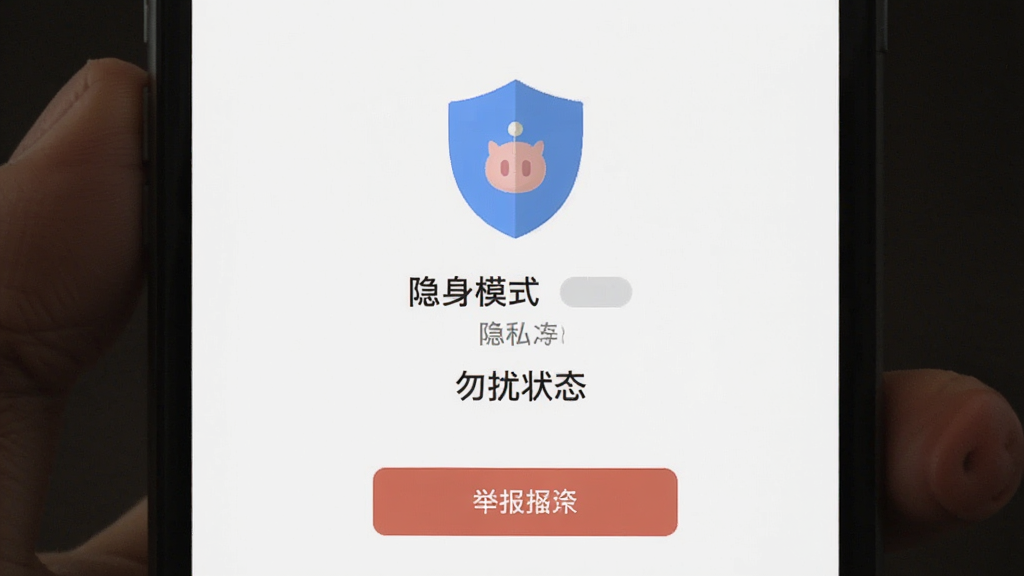猪猪交友 隐私设置 界面 展示 隐身模式 勿扰状态 举报按钮 布局 简洁 风格 安全 细节 盾牌图标 画质 干净 无多余元素