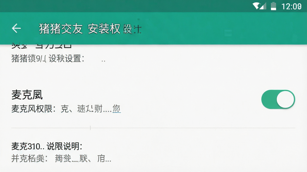 猪猪交友 安装权限 设置 界面 展示 麦克风权限 开关 布局 简洁 风格 说明 细节 安卓设置页面 画质 干净 无多余元素