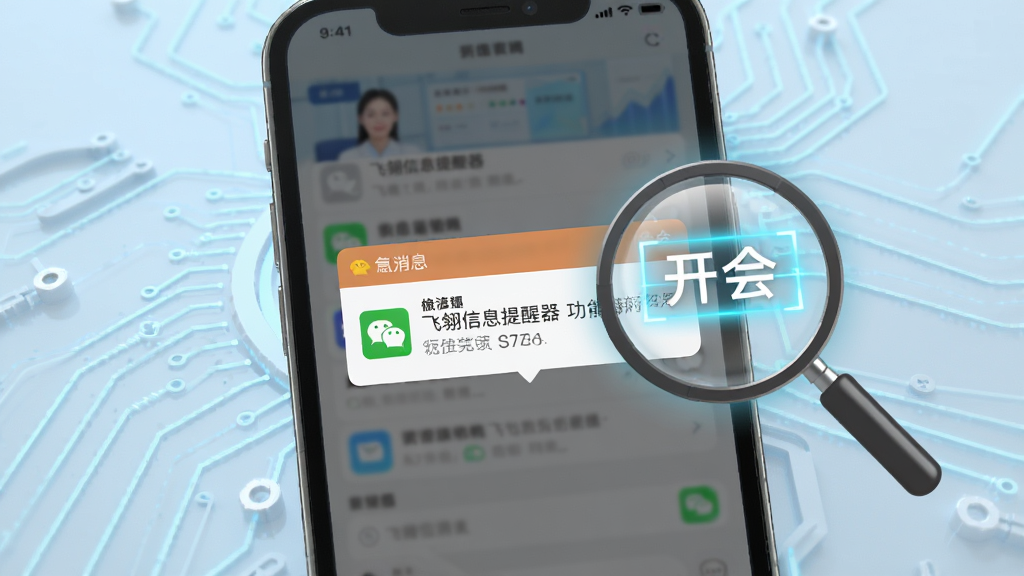 飞翎信息提醒器 功能展示图 手机屏幕中央显示微信新消息弹窗 旁边有一个放大镜图标正在扫描文字 关键词“开会”被高亮标记 背景是浅蓝色科技感线条 风格简洁直观 画质清晰 无多余元素