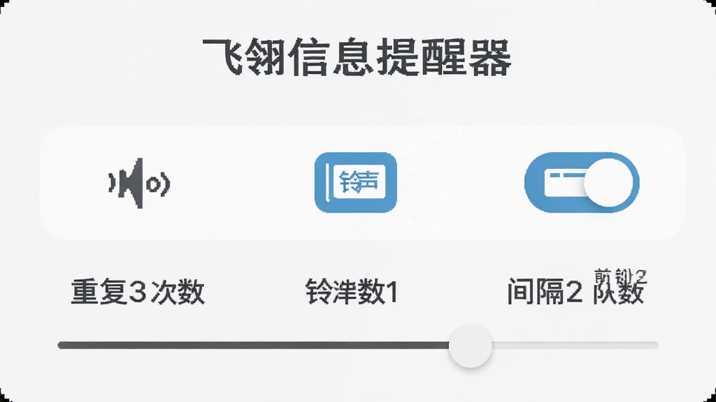 飞翎信息提醒器 设置界面截图 屏幕显示震动 铃声 弹窗三个开关选项 每个选项旁边有对应的图标 下方有重复次数和间隔时间的滑动条 背景为白色 文字为深灰色 风格清爽 画质干净 无多余元素