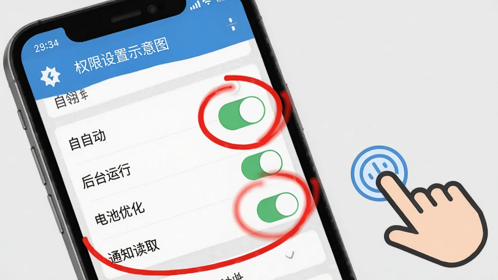 飞翎信息提醒器 权限设置示意图 手机屏幕显示应用权限管理页面 自启动 后台运行 电池优化 通知读取四个权限开关被红色圆圈圈出 旁边有手指点击的图标 背景为浅灰色 风格清晰易懂 画质干净 无多余元素