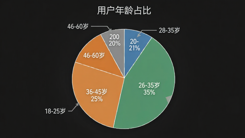 飞翎信息提醒器 用户年龄分布饼状图 图表标题为“用户年龄占比” 四个扇形区域分别标注18-25岁 20% 26-35岁 35% 36-45岁 25% 46-60岁 20% 配色为蓝绿橙灰 风格简洁数据可视化 画质干净 无多余元素
