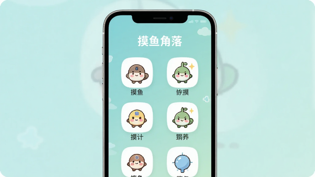 一张展示手机屏幕的图片,屏幕上打开着名为“摸鱼角落”的APP主界面,界面设计简洁清爽,背景是柔和的蓝绿色调,中间排列着几个可爱的卡通图标代表不同的小功能,顶部有“摸鱼角落”的文字标识,整体风格轻松休闲,画质干净明亮,无多余元素