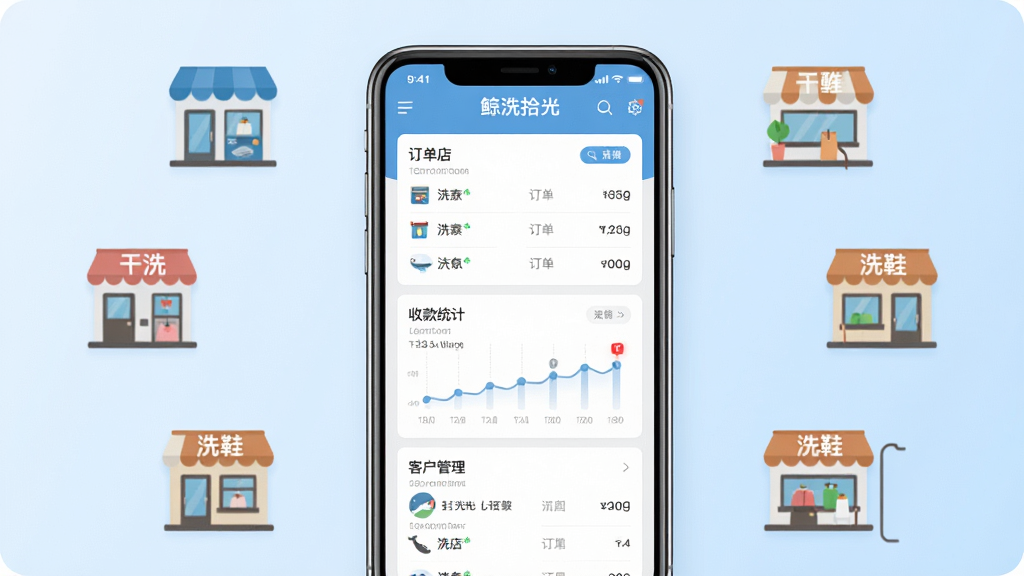一张展示鲸洗拾光商户端核心全貌的场景图,画面中央是智能手机屏幕,屏幕上显示鲸洗拾光商户端应用界面,界面包含订单列表、收款统计和客户管理三个主要模块,手机周围环绕着洗衣店、干洗店、洗鞋店等小型商铺的简约图标,背景是柔和的浅蓝色渐变,整体风格现代扁平,画质干净明亮,无多余元素,文字清晰可辨