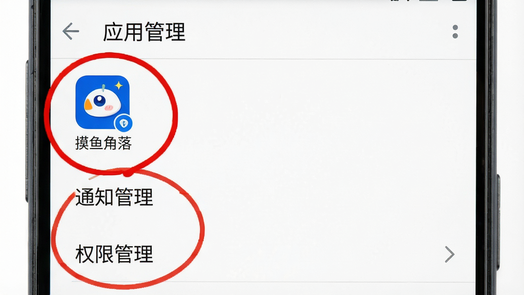 一张手机屏幕截图教程图,画面显示安卓手机的“应用管理”界面,高亮标注了“摸鱼角落”的图标和“通知管理”、“权限管理”的选项,背景是干净的白色,用红色圆圈圈出关键操作步骤,风格直观清晰,画质干净,无多余元素