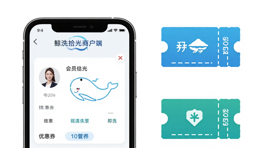 一张鲸洗拾光商户端会员管理功能的示意图,画面左侧是手机屏幕显示会员储值界面,右侧是优惠券和积分图标,屏幕上方有鲸洗拾光商户端字样,背景为干净的白色,风格简洁商务,画质清晰,无杂乱元素