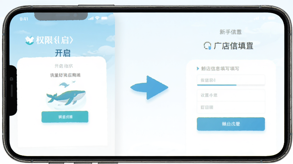 一张鲸洗拾光商户端新手设置引导界面的示意图,手机屏幕显示权限开启和门店信息填写页面,界面中有清晰的步骤指示箭头,背景为浅色,风格简洁明了,画质干净无多余元素