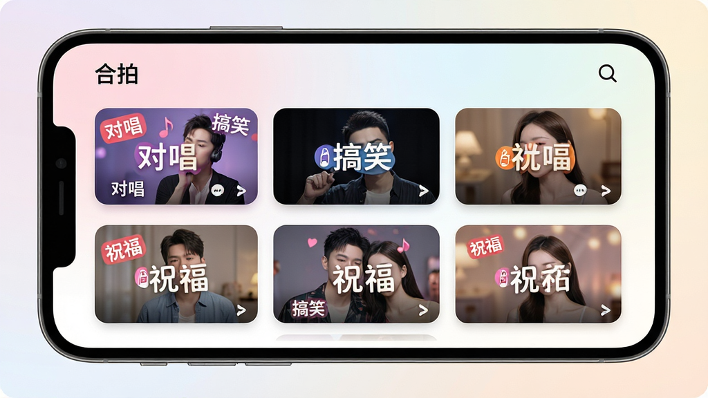 手机屏幕展示“合拍”App的模板选择界面,网格排列着多个视频封面缩略图,每个封面上有“对唱”“搞笑”“祝福”等标签文字,背景是柔和的浅色渐变,布局整齐,风格现代,细节圆润,画质清晰
