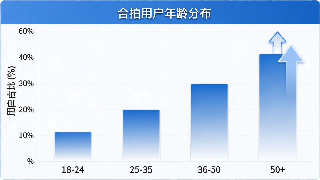 一张柱状图,横轴标注年龄区间“18-24”“25-35”“36-50”“50+”,纵轴标注用户占比百分比,柱子高度依次递减但50+部分有上升箭头标注,图表标题为“合拍用户年龄分布”,配色为蓝白渐变,风格简洁商务,细节清晰,画质干净