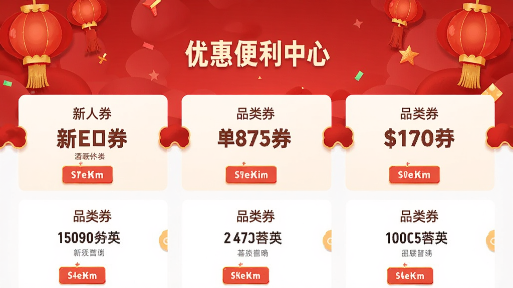 酒便利APP的优惠券中心界面,展示多张不同面额的新人券和品类券,背景有喜庆的红色元素,文字清晰,布局整齐,风格热闹,画质干净无多余元素