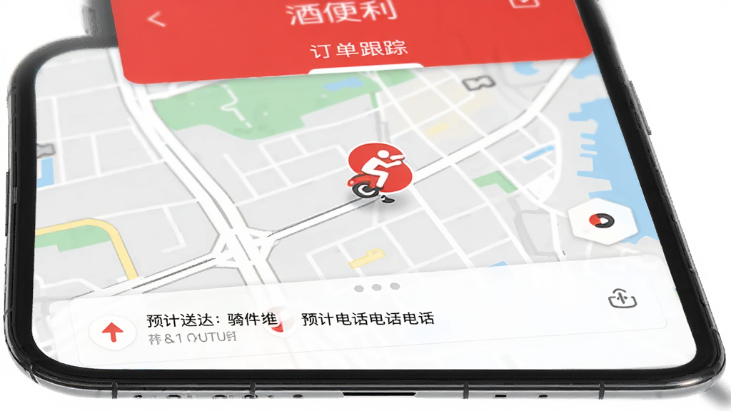手机屏幕显示酒便利APP的订单跟踪页面,地图上骑手图标正在移动,下方显示预计送达时间和骑手电话,界面清晰,红色和白色主色调,画质干净无多余元素