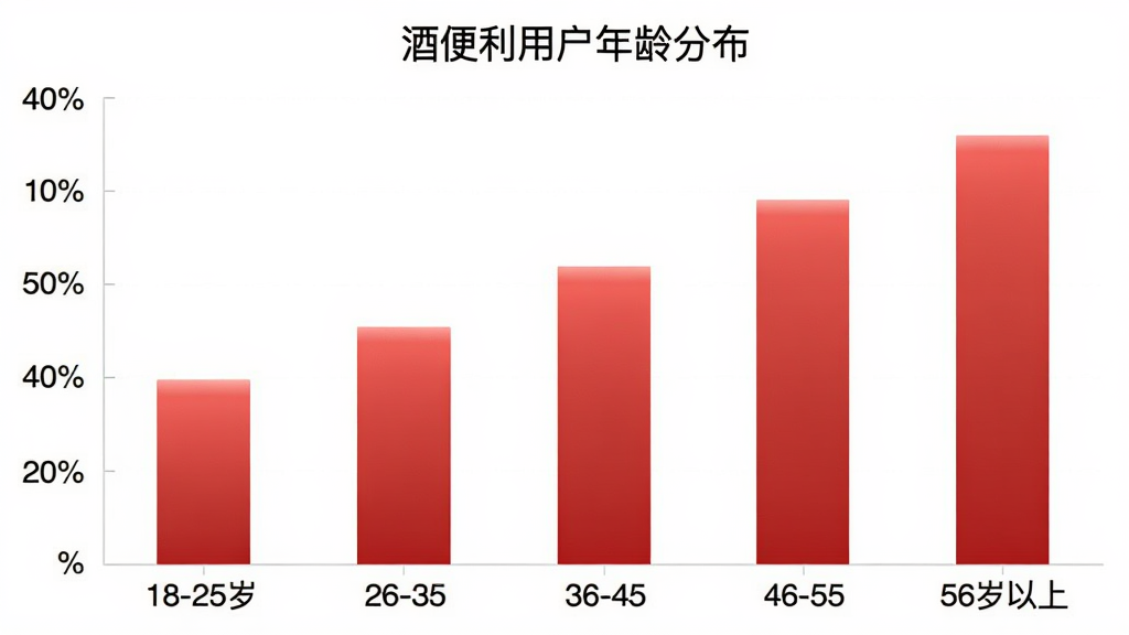 酒便利用户年龄分布柱状图,横轴为年龄段18-25岁、26-35岁、36-45岁、46-55岁、56岁以上,纵轴为占比百分比,柱状颜色为红色渐变,图表标题为酒便利用户年龄分布,风格简洁清晰,画质干净无多余元素