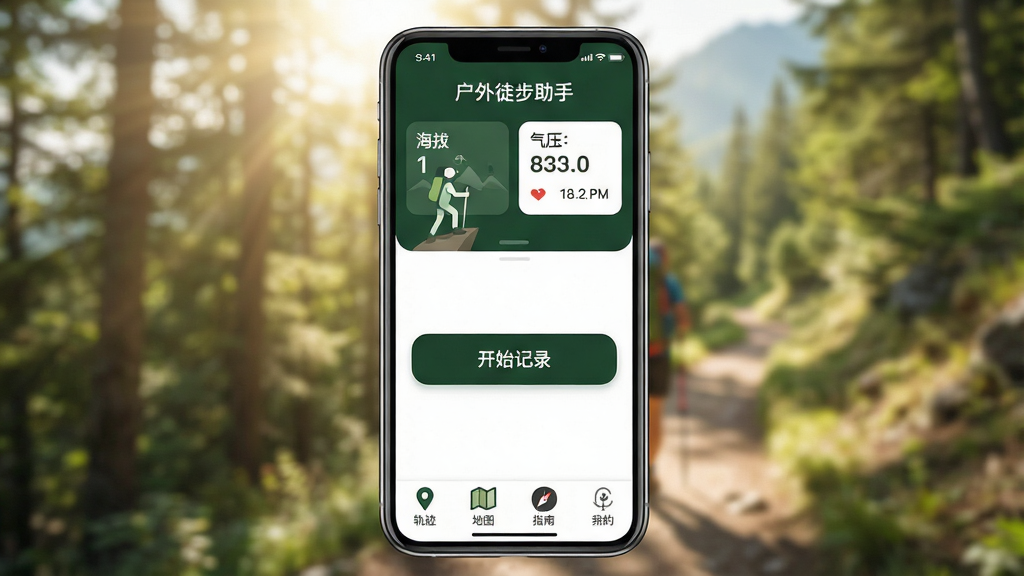 һ�Ż���ͽ���������ֻ�����չʾͼ�����������ǡ�����ͽ�����֡�App�������棬������ī��ɫ�Ͱ�ɫΪ��ɫ����������ʾ���κ���ѹ���ݿ�Ƭ���м�����Ŀ�Ŀ�ʼ��¼��ť���ײ��ǹ켣����ͼ��ָ���롢�ҵ��ĸ�ͼ���ǩ������������͸����Ҷ����ɽ��С·�ϵ��黯���󣬷��������Ȼ��ϸ�����������ʸɾ����޶���Ԫ�ء�