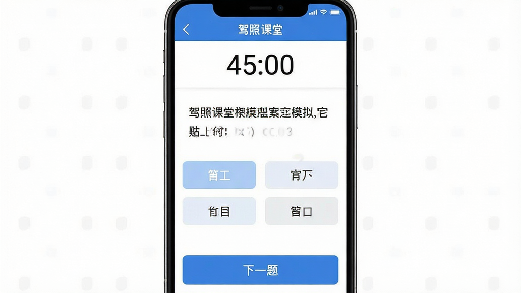 һ���ֻ���Ļ��ͼ��չʾ�����տ��á�App��ģ�⿼�Խ��棬��Ļ�Ϸ��е���ʱ���֡�45:00�����м���һ��ѡ���⣬��Ŀ�����������·����ĸ�ѡ�ť������ײ��С���һ�⡱��ť���������������࣬����Ϊ��ɫ�����ʸɾ��޶���Ԫ��