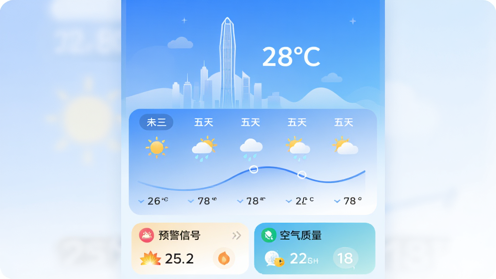 һ����Ϊ�����������ֻ�Ӧ�������棬������ʾ���ڵر꽨��ƽ���������ļ�Ӱ��ʵʱ�¶�28�棬�·���δ��������������ͼ����������ͼ����¶����ߣ��ײ���Ԥ���źźͿ���������Ƭ������������׽�����ɫ������������࣬����ִ���ƽ��ͼ��Բ�󣬻��ʸɾ��޶���Ԫ��