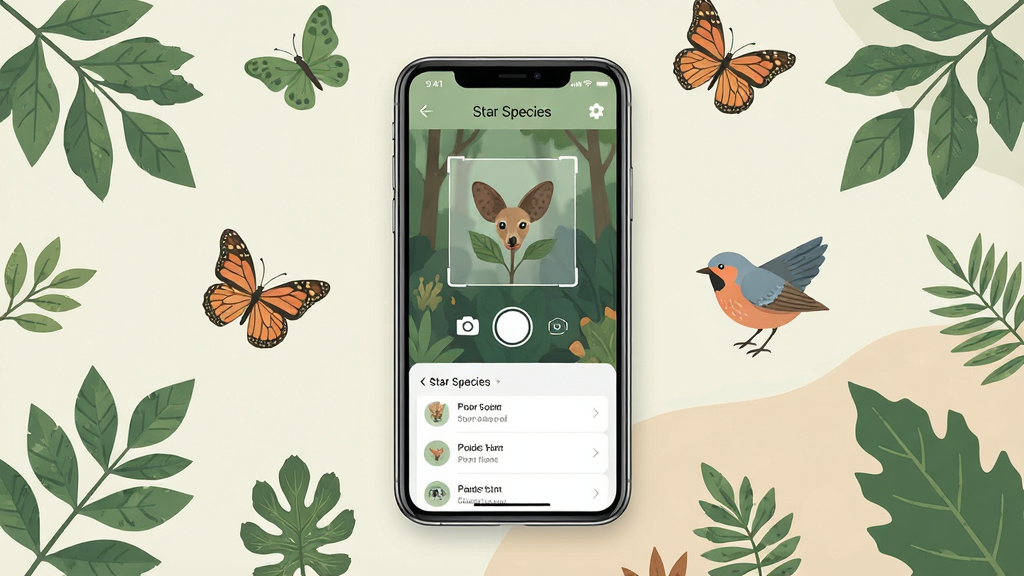 һ��չʾStar Species��������ȫò�ĳ���ͼ������������һ�������ֻ�����Ļ��ʾStar SpeciesӦ�������棬������������ʶ������հ�ť�ͼ�¼�б����ֻ���Χɢ���Ÿ���ֲ��ҶƬ��������С��Ĳ廭Ԫ�أ������������Ȼɫ��������ͻ�������־��У��Ű��࣬������±�ƽ����ϸ�ھ��£����ʸɾ����޶���Ԫ��