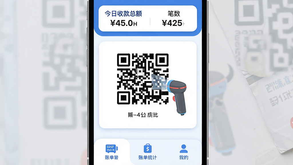 木牛马业务 手机应用主界面 蓝白配色 顶部显示今日收款总额和笔数 中间是醒目收款二维码和扫码枪图标 底部为账单统计和我的三个选项卡 整体布局清晰 文字标签明确 现代扁平风格 细节圆润 画质干净 无多余元素