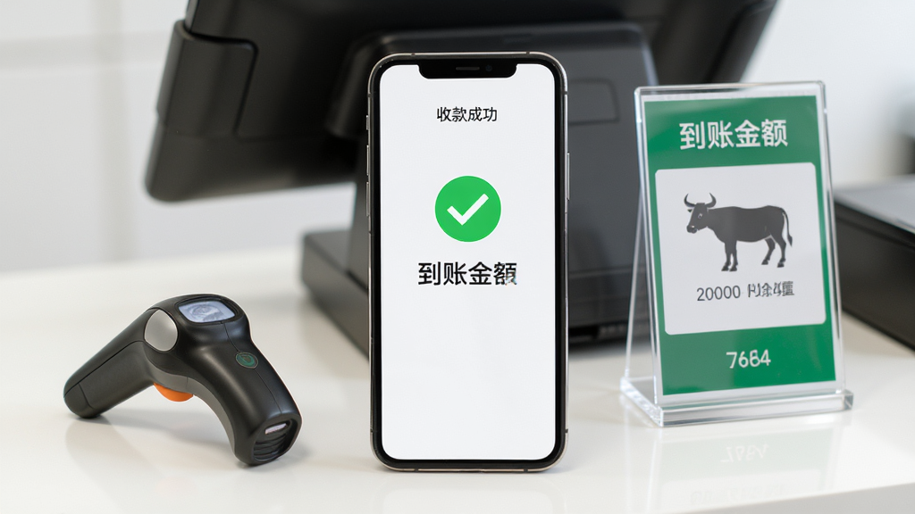 木牛马业务 收款成功界面 手机屏幕显示绿色对勾和到账金额 背景是简洁的商户柜台 有扫码枪和收款码立牌 风格写实 光线明亮 画质清晰 无多余元素