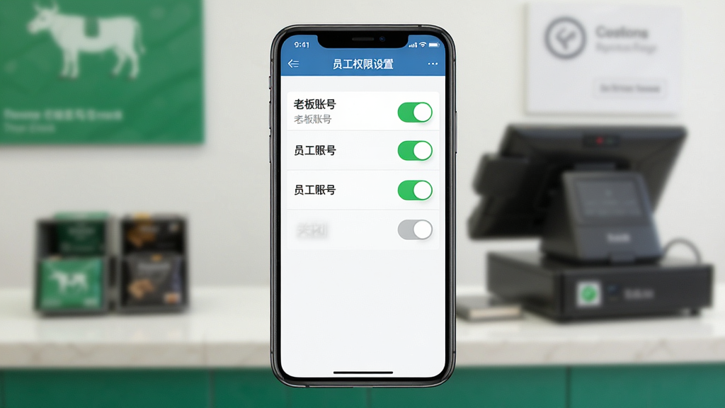 木牛马业务 员工权限设置界面 手机屏幕显示权限开关列表 老板账号和员工账号对比 绿色开启灰色关闭 背景是店铺收银台 商务安全风格 画质干净 无多余元素