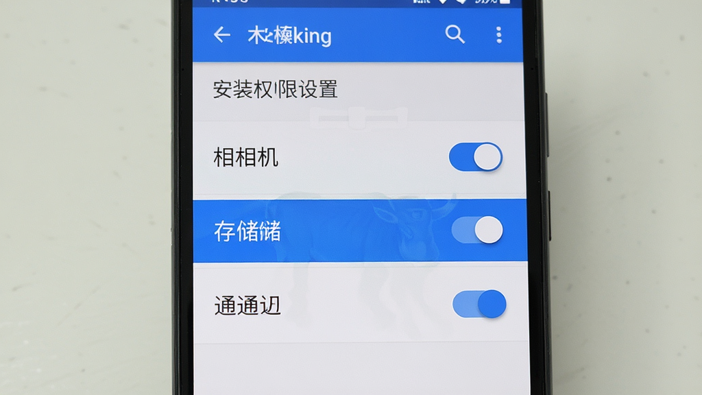 木牛马业务 安装权限设置界面 手机屏幕显示权限开关列表 相机 存储 通知 三个权限全部打开 蓝色高亮 背景是简洁的安卓设置界面 风格写实 画质干净 无多余元素