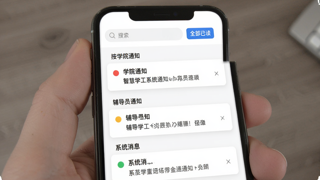 �ǻ�ѧ��ϵͳ��Ϣ֪ͨ���Ľ��棬�ֻ���Ļ��ʾ֪ͨ�б���ѧԺ֪ͨ������Ա֪ͨ��ϵͳ��Ϣ�����������У�ÿ��֪ͨ����в�ɫԲ���ʶ�Ѷ�δ�����������������ȫ���Ѷ���ť������Ϊ���׿�Ƭʽ���֣����ɾ����䣬���������޶���Ԫ��