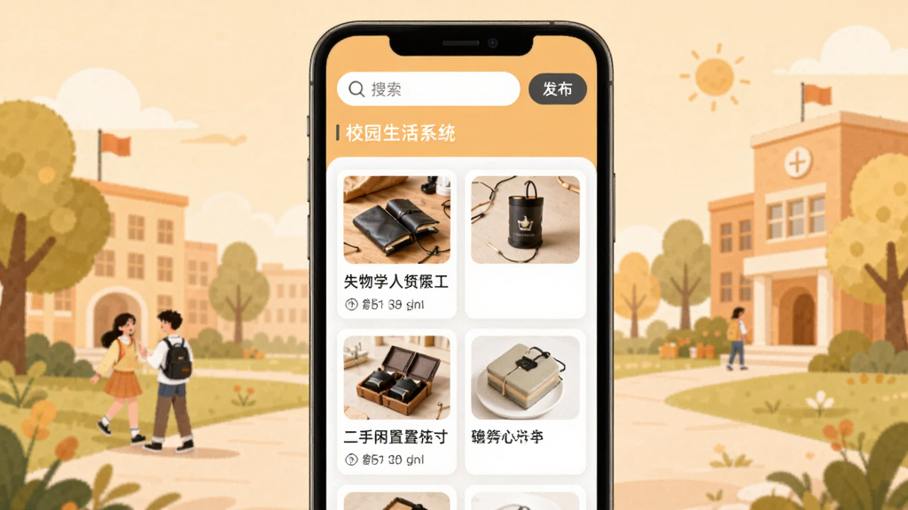 �ǻ�ѧ��ϵͳУ԰���������棬�ֻ���Ļչʾʧ������Ͷ��������������Ŀ�Ƭ�б���ÿ�ſ�Ƭ����ƷͼƬ������ͷ���ʱ�䣬������������ͷ�����ť������Ϊůɫ��У԰����廭��񣬻��ʸɾ��޶���Ԫ��