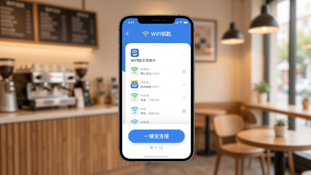 WiFiԿ��ȫ������ �ֻ�Ӧ�ý���չʾ������Ϊһ�������ֻ���Ļ������Ļ������WiFiԿ��ȫ�����ֵ������棬��ʾ�Ÿ�������WiFi�б�����Ŀ����ɫһ�����Ӱ�ť�����ּ����������������ܰ�����ڿ��ȹݻ���������ִ���ƽ����ϸ��Բ�󣬻��ʸɾ��������޶���Ԫ��