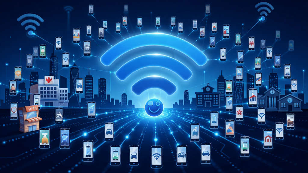 WiFiԿ��ȫ������ ����չʾͼ������������һ���޴����ɫWiFi�ź�ͼ��������������С�ֻ�ͼ�꣬���������ȵ㸲�ǣ������ǳ��м�Ӱ�������̳���ҽԺ��ѧУ�Ƚ������������ֳʷ���״����ṹ�����Ƽ����������ϣ�ϸ�ڷḻ�������������޶���Ԫ��