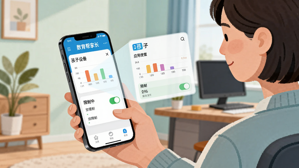 һ��AI���ɵĲ廭������չʾһλ�ҳ����ڰ칫�����ֻ��鿴��������ҳ���Ӧ�ã��ֻ���ĻͶ������������壬�������ʾ�����豸��Ӧ��ʹ��ʱ���������ƿ��أ������Ǽ��ľӼ���칫�����ںϣ������ܰ�ִ���ɫ����ͣ�ϸ�����������ʸɾ����޶���Ԫ��