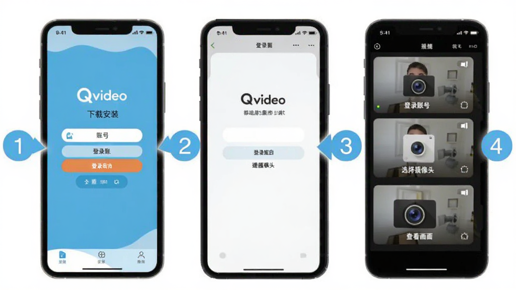 Qvideo�ƶ���ʹ�ò���ʾ��ͼ���ֻ���Ļ��ʾQvideoӦ�õ�¼���������ͷ�б�ҳ�棬�������������Ĳ����ע����1��4���ֱ��Ӧ���ذ�װ����¼�˺š�ѡ������ͷ���鿴�����ĸ����裬����Ϊ��ɫ����񣬱�ƽ����ƣ����ֱ�ǩ���������ʸɾ��޶���Ԫ��