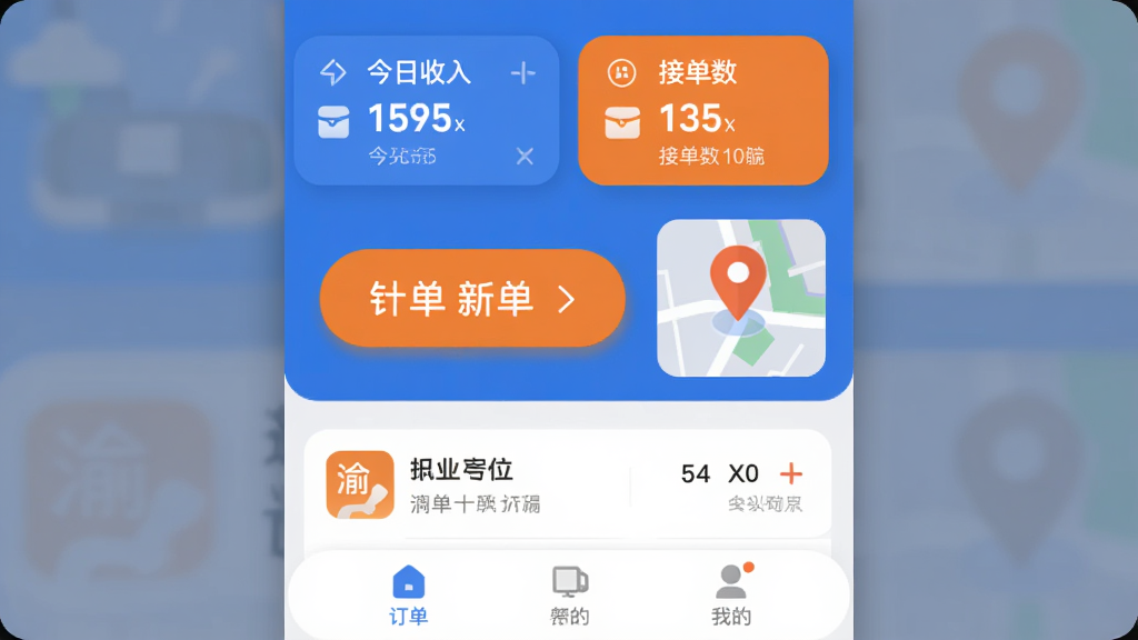 �����APP�����棬��ɫ�ͳ�ɫΪ��ɫ����������ʾ��������ͽӵ��������м�����Ŀ��������ť�͵�ͼ��λͼ�꣬�ײ�Ϊ�����б����ҵ�ҳ�棬���������ִ�����ƽ����ƣ�ͼ��Բ�󣬻����������ɾ��޶���Ԫ��
