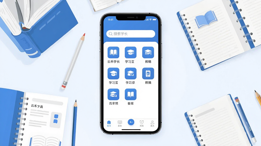 һ��չʾ�ƺ�ѧ��App���Ľ����ȫ��ͼ�������������ֻ���Ļ����Ļ����ʾ�ƺ�ѧ��App����ҳ�����ּ�����������������������м���ѧϰ����ͼ����󣬵ײ�Ϊ���������ֻ���Χ�������鼮���ʼǱ���Ǧ�ʵ�ѧϰԪ�أ��������ִ���ƽ��ɫ��������Ϊ�������ʸɾ��������޶���Ԫ��