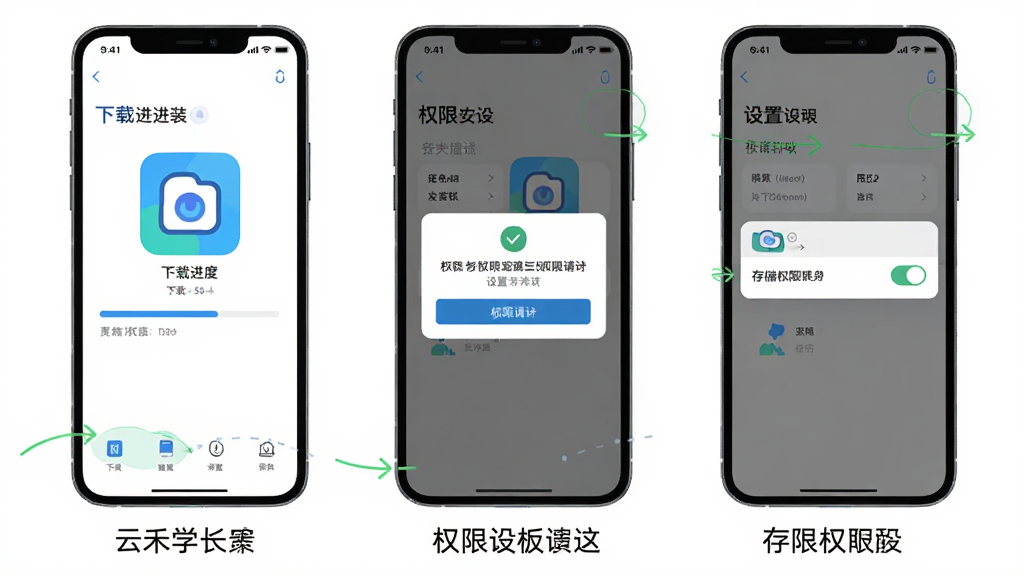 һ��չʾ�ƺ�ѧ��App���ֻ��ϰ�װ��Ȩ�����ò����ʾ��ͼ�������Ϊ�����ֻ���Ļ���ֱ���ʾ���ؽ��ȡ�Ȩ�����󵯴��������еĴ洢Ȩ�޿��أ�ÿ����Ļ�·��м������˵������������죬���ʸɾ�