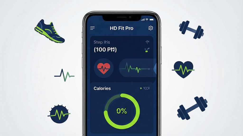 һ��չʾ��HD Fit Pro��Ӧ����������ֻ�����ͼ�������������ֻ���Ļ����Ļ����ʾ�˶������Ǳ��̣��������������ʡ���·��Բ��ͼ����������������ӫ����Ϊ��ɫ���������Ǹɾ���ǳ��ɫ���䣬�ֻ���ΧƯ���ż�Լ���˶�ͼ������Ь�������ߡ����壬�������ִ��Ƽ��У���ƽ����ƣ�ϸ�����������ʸɾ����޶���Ԫ�ء�
