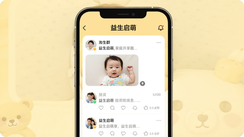 һ��չʾ���������ȡ���ͥ����Ȧ�����ͼƬ���ֻ���Ļ��ʾ�ż�ͥȺ�鶯̬���б�������Ƭ�ͼ��˵ĵ������ۣ����涥���С��������ȡ���������������ܰ��ǳ��ɫ�����ּ�࣬����ִ�����������������Ԫ�ء�