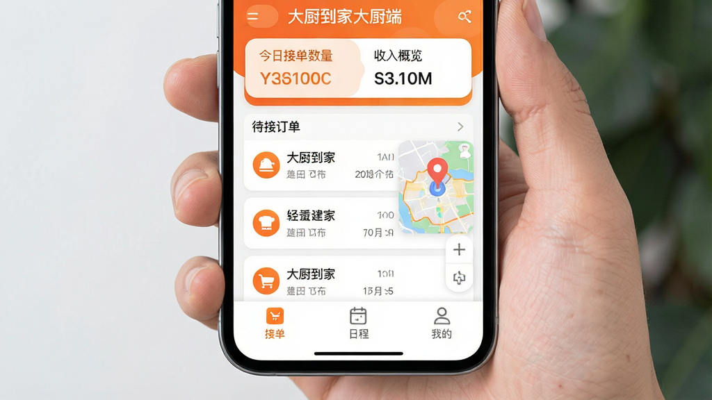 һ���ֻ���Ļչʾ��������Ҵ���ˡ�APP�����棬������ʾ���սӵ�����������������м��Ǵ��Ӷ����б��͵�ͼ��������ͼ���ײ��нӵ����ճ̡��ҵ�����ѡ���������ó�ɫ���ɫ���䣬��������������ִ���ƽ��ͼ��Բ�󣬻��ʸɾ��޶���Ԫ��