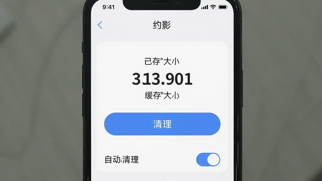 一张展示手机存储空间管理界面的图片,画面主体是“约影”的缓存清理页面,布局为中心显示已用缓存大小和清理按钮,下方有自动清理开关,排版清晰,风格清爽简约,细节上按钮为圆角矩形,画质干净无多余元素。